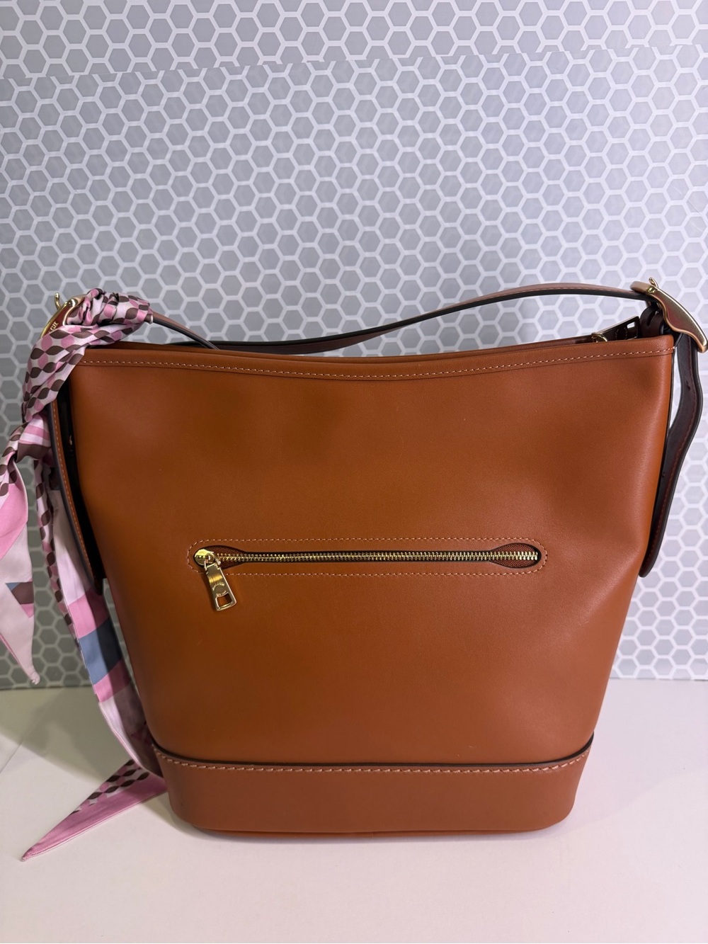 COACH Jude Leather Bucket Bag in Saddle Brown with Pink Scarf - Picture 2 of 11